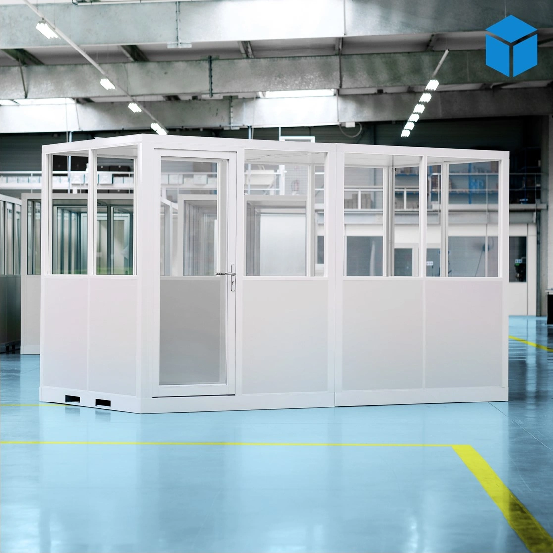 Cabine d’atelier palettisable 4x2m NOVOCAB version grise installée en atelier industriel