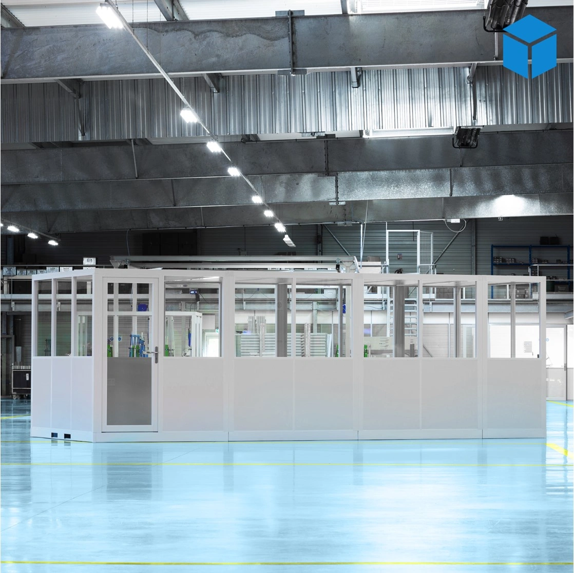 Cabine d’atelier palettisable 7x3m NOVOCAB installée dans un atelier