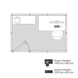 Implantation 2D cabine d’atelier palettisable 3x2m NOVOCAB avec bureau