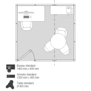 Implantation 2D cabine d’atelier palettisable 3x3m NOVOCAB avec espace partagé
