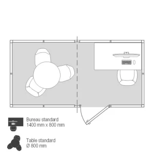 Implantation 2D cabine d’atelier palettisable 4x2m NOVOCAB avec un poste et une table