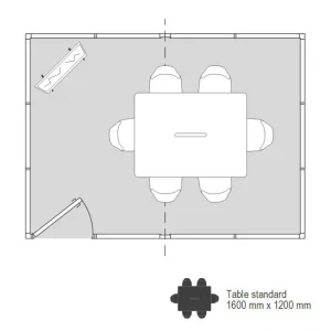 Plan 2D cabine palettisable 4x3m configurée en salle de réunion 4 à 6 personnes