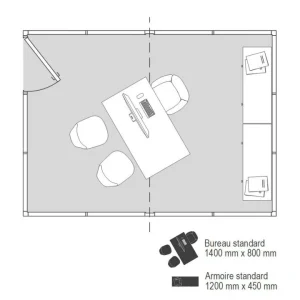 Implantation 2D cabine d’atelier palettisable 4x3m aménagée en bureau dirigeant