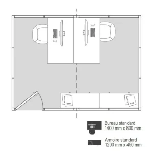 Implantation 2D cabine d’atelier palettisable 4x3m avec deux postes de travail