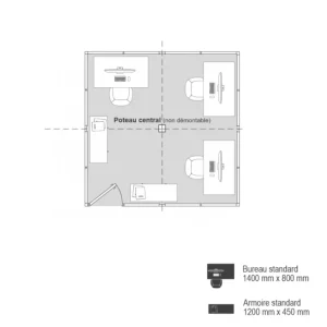Plan 2D cabine d’atelier palettisable 4x4m avec trois postes de travail et rangements