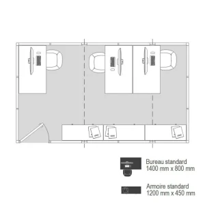 Plan 2D cabine d’atelier palettisable 5x3m avec trois postes de travail et rangements