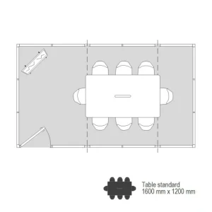 Plan 2D cabine palettisable 5x3m aménagée en salle de réunion industrielle