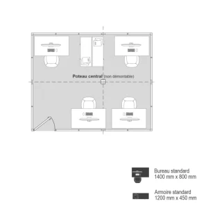 Plan 2D cabine d’atelier palettisable 5x4m avec quatre postes de travail et rangements