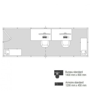 Plan 2D cabine palettisable 6x2m avec bureaux en longueur et meubles de rangement