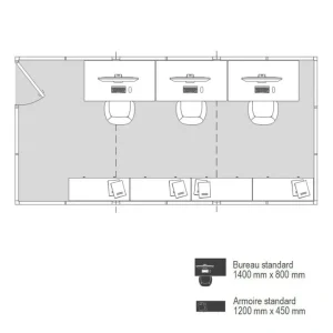 Plan 2D cabine palettisable 6x3m avec trois postes de travail et rangements