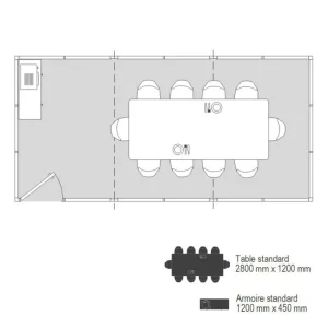 Plan 2D cabine d’atelier palettisable 6x3m aménagée en grande salle de réunion