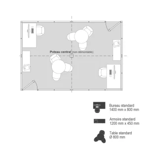 Plan 2D cabine d'atelier palettisable 6x4m avec deux postes de travail et tables de réunion