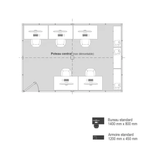 Plan 2D cabine d’atelier palettisable 6x4m avec cinq postes de travail et rangements