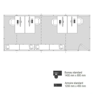 Plan 2D cabine palettisable 7x3m avec quatre postes de travail et rangements