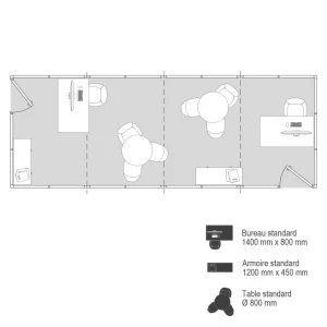Plan 2D cabine palettisable 8x3m avec deux postes et espace réunion