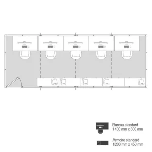 Plan 2D cabine d’atelier palettisable 8x3m avec cinq postes de travail et rangements