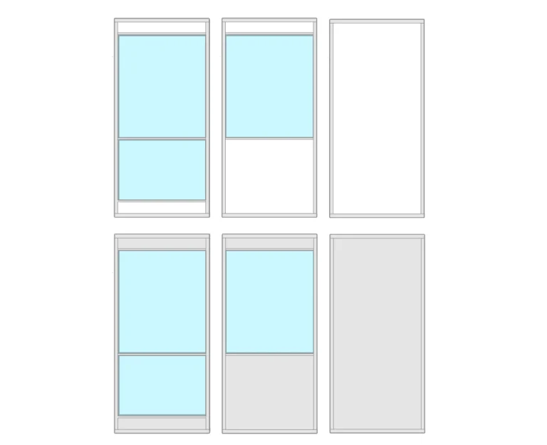 Schéma des faces d’une cabine NOVOKIT : pleine, semi-vitrée ou vitrée, en remplissage blanc ou gris