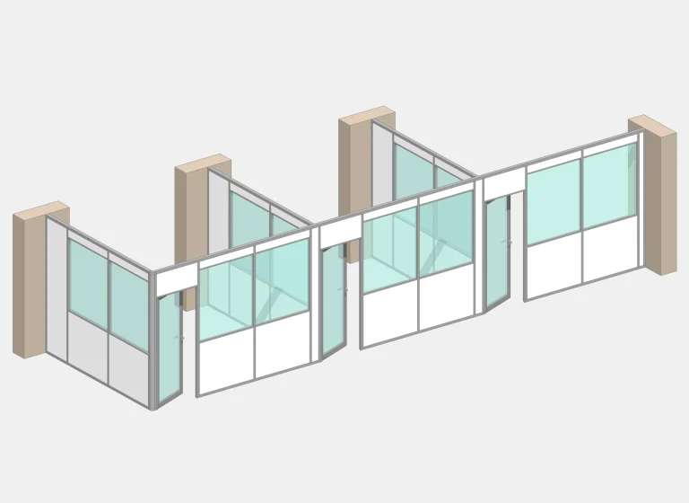 Cloison de bureau en kit d’angle droit – 3 bureaux, vue 3D