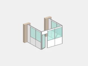 Cloison de bureau adossée en kit 1 bureau 3 faces sur mur NOVOKIT cellule individuelle ossature aluminium double paroi sur mesure vue 3D