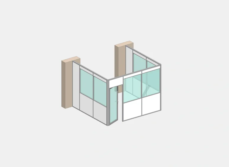 Cloison de bureau en kit NOVOKIT adossée à un mur, trois faces, vue 3D
