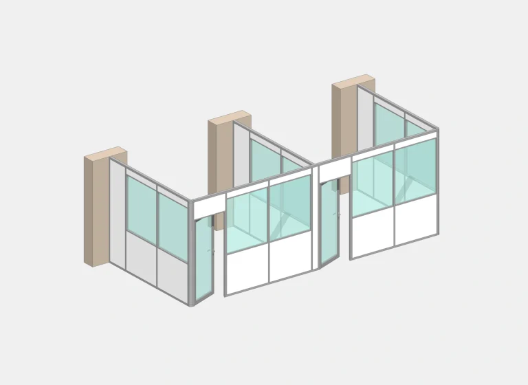 Cloison de bureau en kit adossée à un mur – 2 bureaux, vue 3D