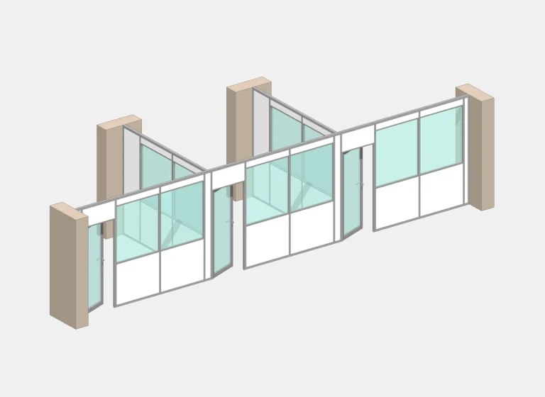 Cloison autoportante entre deux murs – 3 espaces, vue 3D