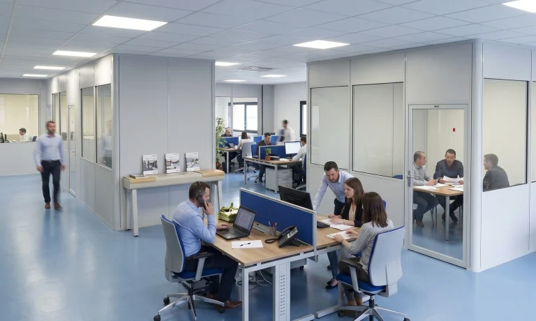 Plateau de bureaux ouvert cloisonné en bureaux individuels par des cloisons de bureau en kit semi-vitrées